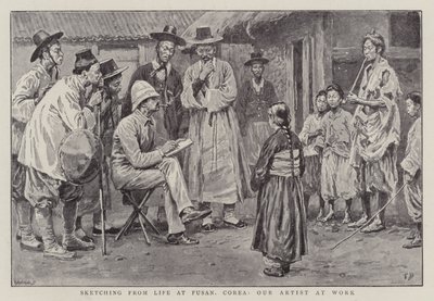 Skitsering fra livet i Fusan, Corea, vores kunstner på arbejde af Frank Dadd